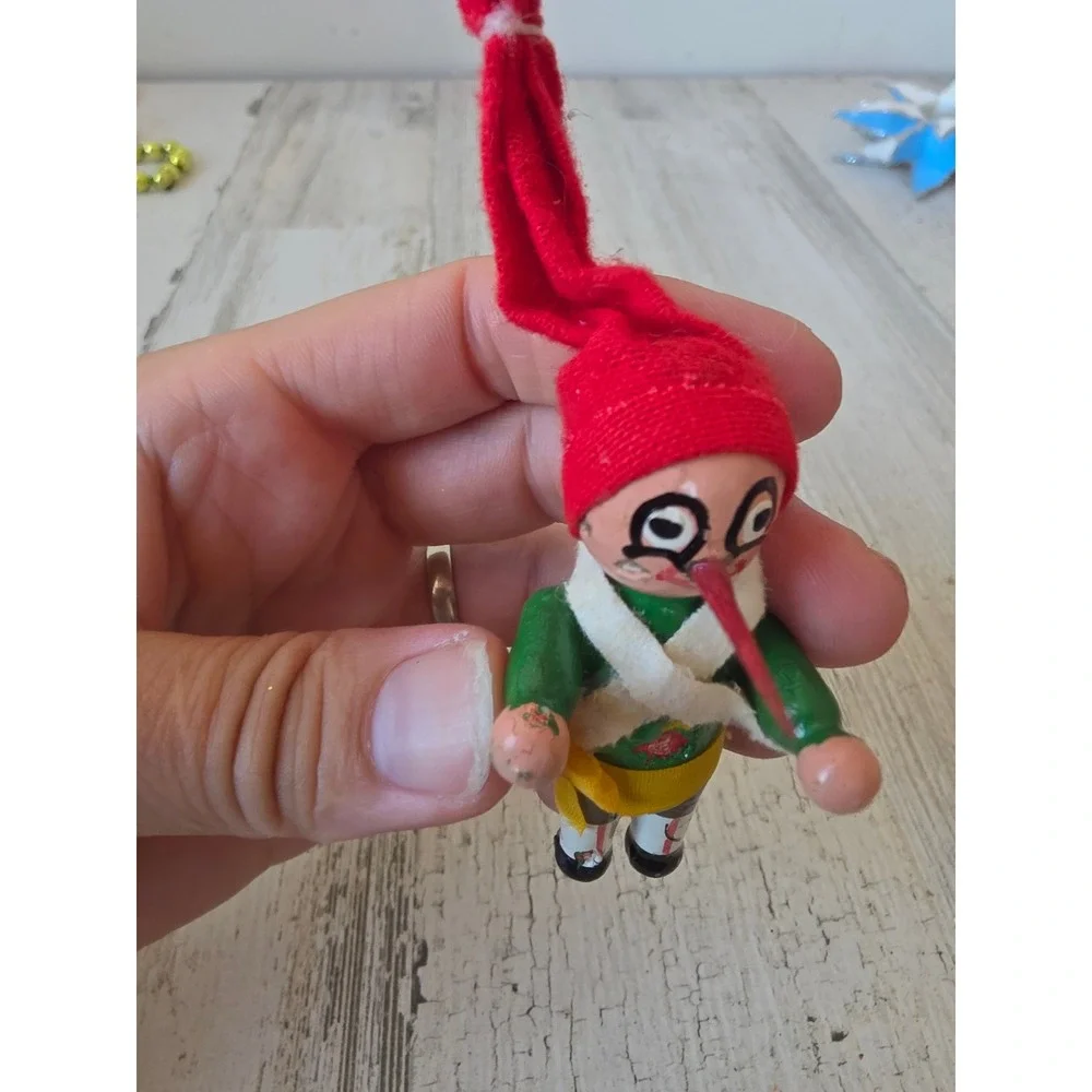 Vintage wooden Pinocchio ornament Xmas tree green red